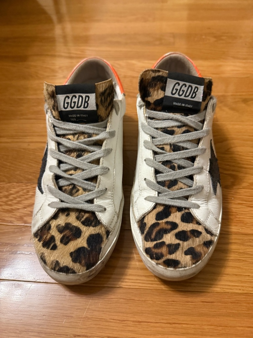 Golden Goose Leopard Haircalf Sneakers with Black Star and Orange Heel